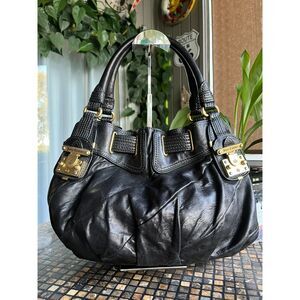 Juicy Couture Black Leather Lock Satchel Hobo Bag Gold Tone Hardware EUC